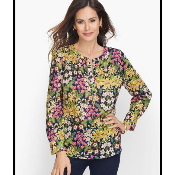 Talbots 100% Cotton XS Colorful Pintuck Floral Lightweight Feminine Blouse - Picture 1 of 7